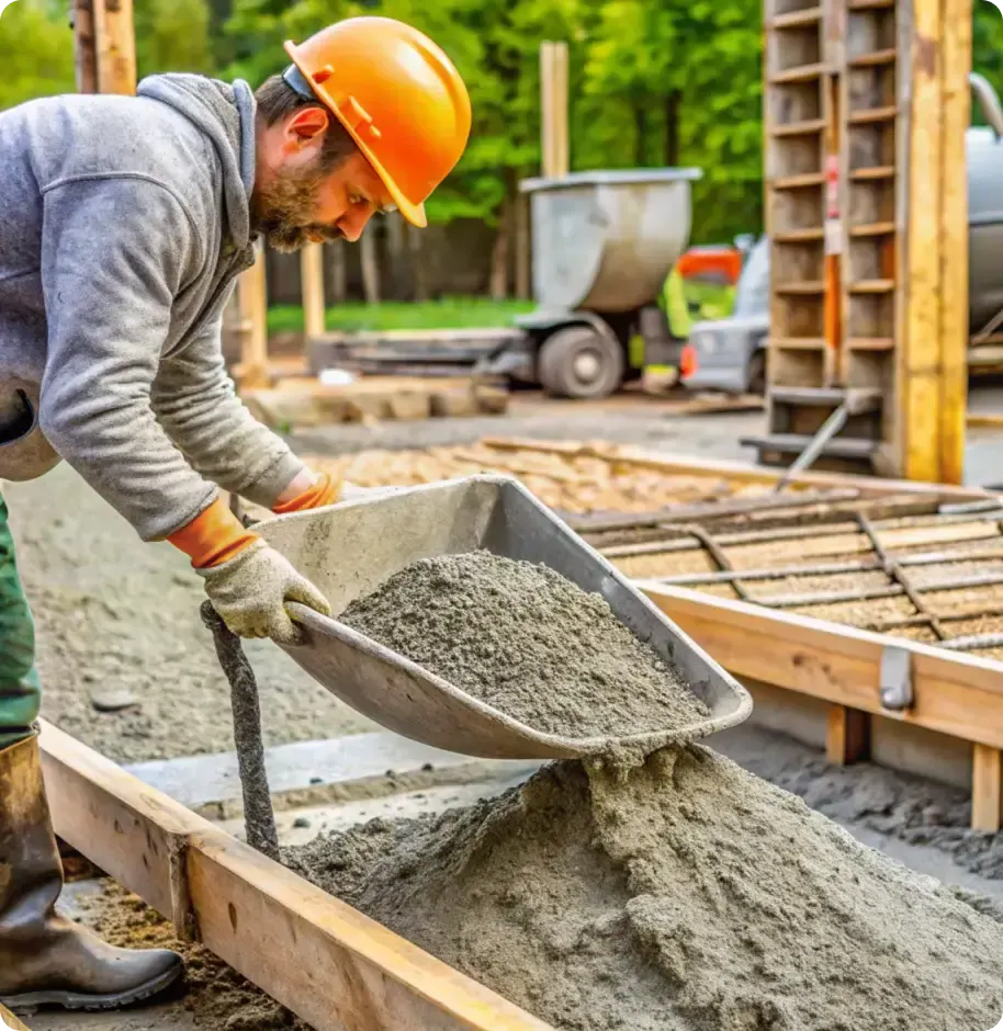 El arabasından donatılı kalıba beton döken inşaat işçisi