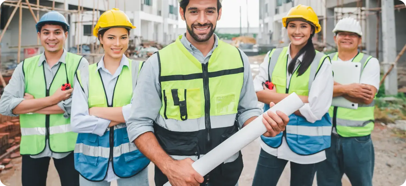Şantiyede proje rulosuyla poz veren Redwood Premium Works saha ekibi
