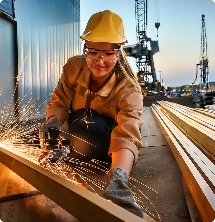 Kıvılcımlar arasında metal profil keserek kaynak hazırlığı yapan usta
